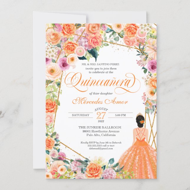 Orange and Pink Roses Summer Floral Quinceanera Invitation (Front)