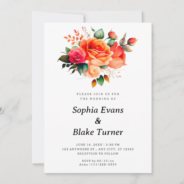 Orange and Pink Roses White Floral Wedding Invitation (Front)