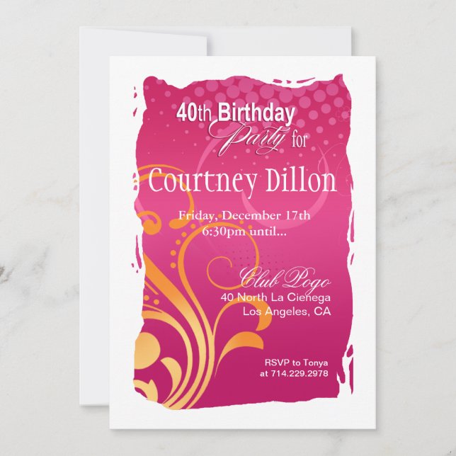 Orange and Pink Swirl 40th Birthday Party Invitation (Front)