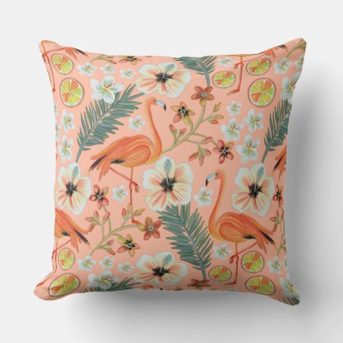 Orange and Pink Tropical Summer Flamingo Pattern Throw Pillow
