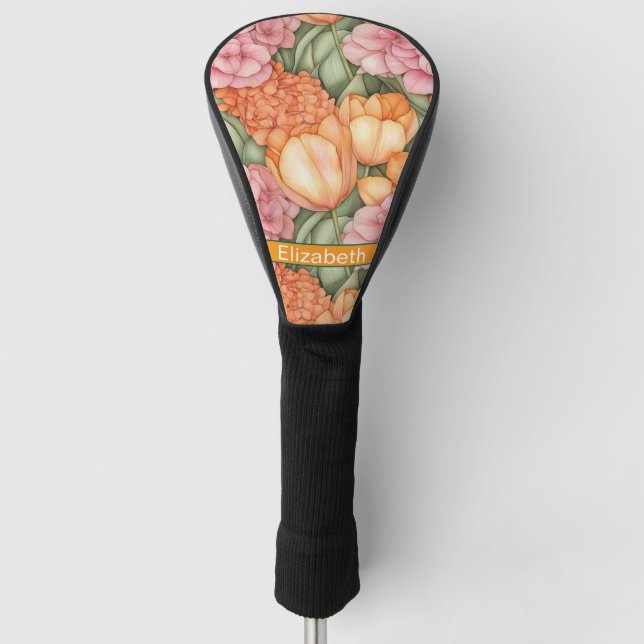 Orange and Pink Tulip Flowers Personalized Golf Head Cover (Front)