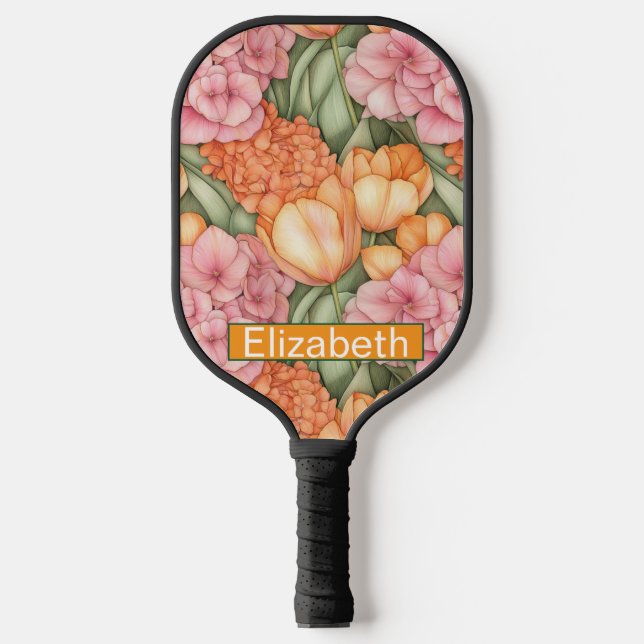 Orange and Pink Tulip Flowers Personalized Pickleball Paddle (Front)