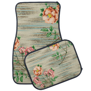 Orange and pink vintage flowers with green leaves car floor mat