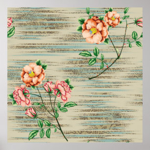 Orange and pink vintage flowers with green leaves poster