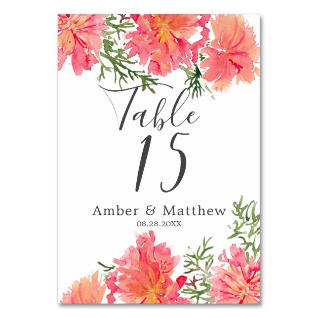 Orange and Pink Watercolor Dahlia Wedding Table Number (Front)