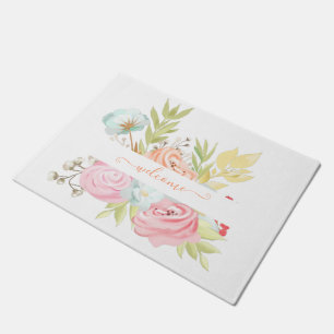 Orange and pink watercolor floral personalized doormat