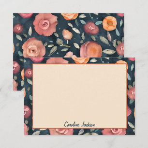 Orange and pink watercolor floral personalized note card