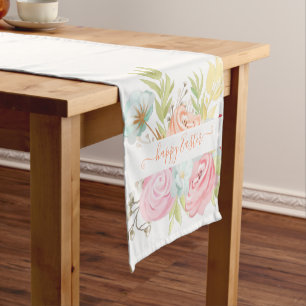 Orange and pink watercolor floral personalized   short table runner