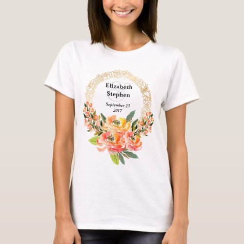 Orange and Pink Watercolor Floral Wedding T_Shirt