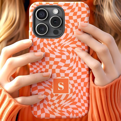 Orange And Pink Wavy Checkered Monogrammed iPhone 15 Case