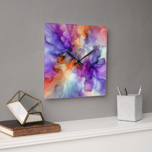 Orange and Purple Alcohol Ink Abstract Square Wall Clock