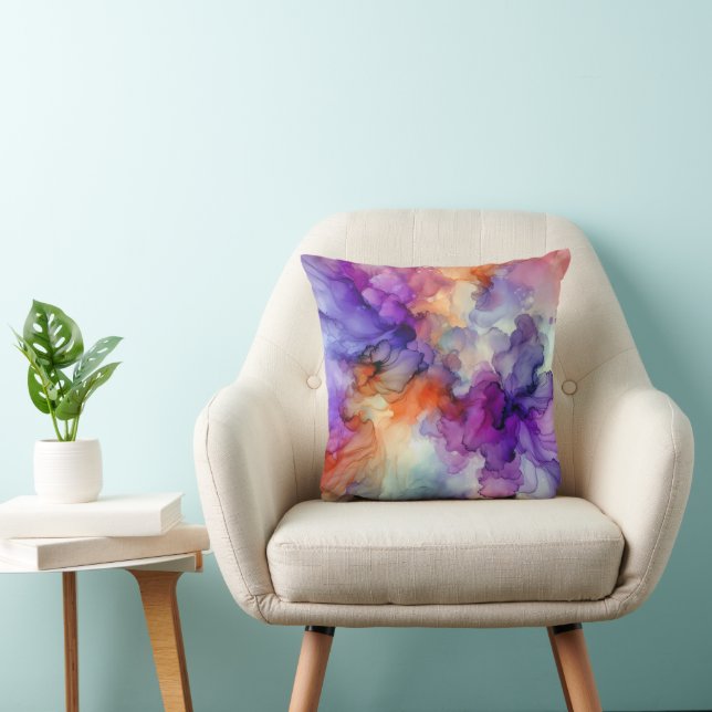 Orange and Purple Alcohol Ink Abstract Throw Pillow (Chair)