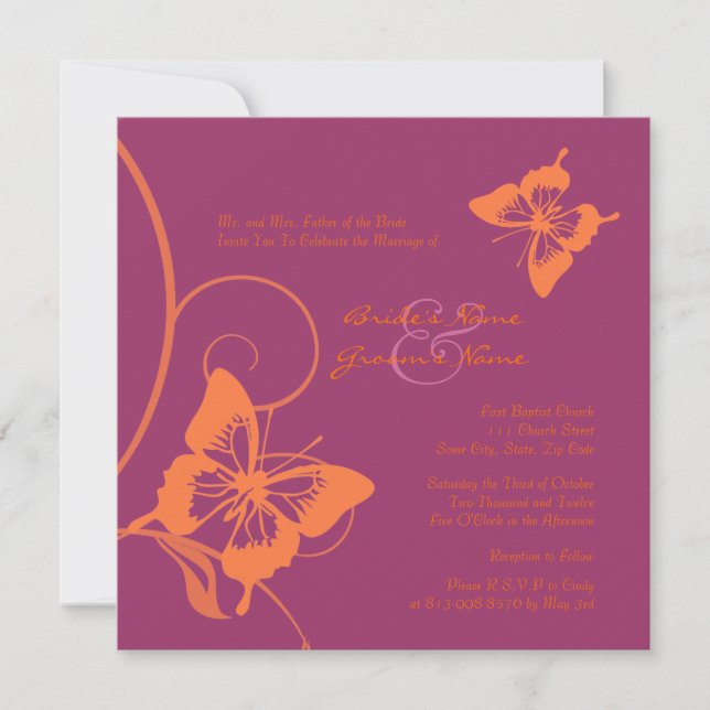 Orange and Purple Butterfly Wedding Invitation (Front)