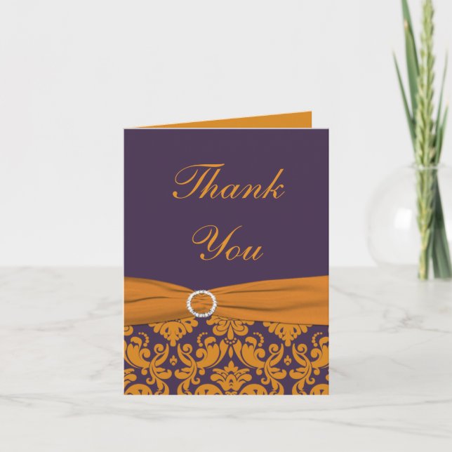 Orange and Purple Damask Thank You Note Card (Front)