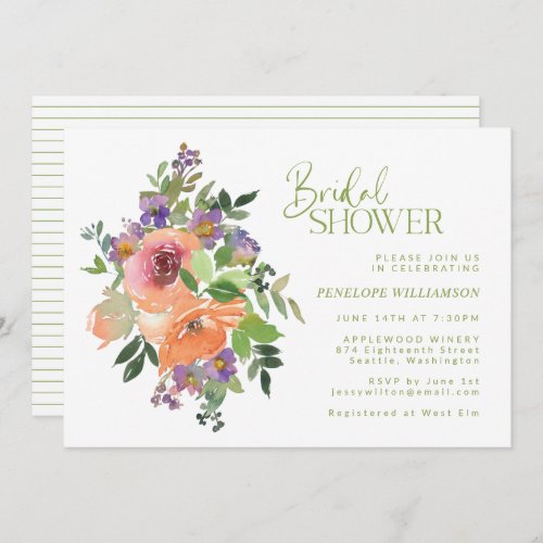 Orange and Purple Floral Watercolor Bridal Shower Invitation