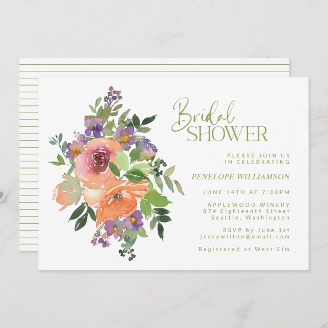 Orange and Purple Floral Watercolor Bridal Shower Invitation (Front/Back)