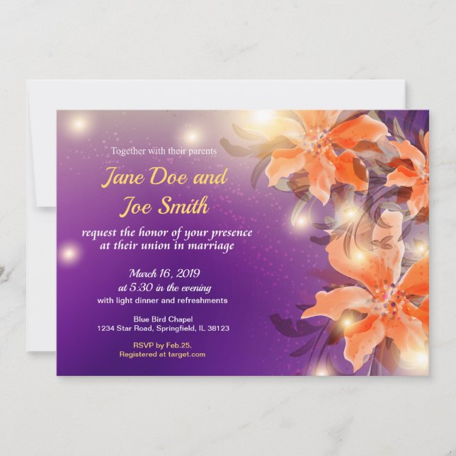 Orange and Purple Floral Wedding Invitation (Front)