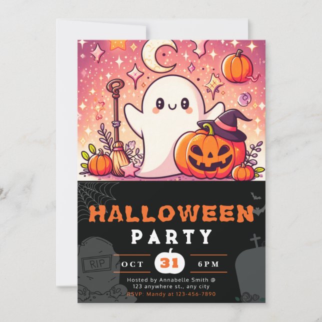 Orange and Purple Ghosts Pumpkins Halloween Invitation (Front)