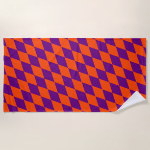 Orange and Purple Harlequin Checkered Design Beach Towel