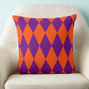 Orange and Purple Harlequin Checkered Design Throw Pillow
