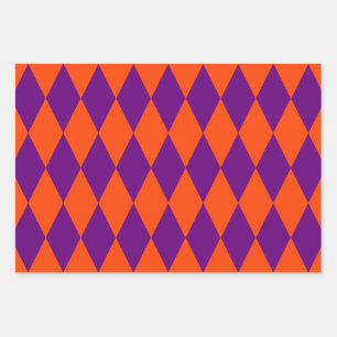 Orange and Purple Harlequin Checkered Design Wrapping Paper Sheets