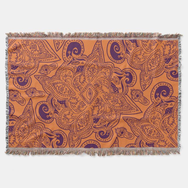Orange and Purple Persian Star Mandala Pattern Throw Blanket (Front)