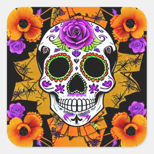 Orange and Purple Sugar Skull Halloween  Square Sticker