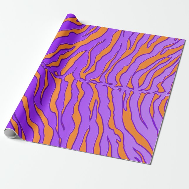 Orange And Purple Tiger Stripes Animal Print Wrapping Paper (Unrolled)