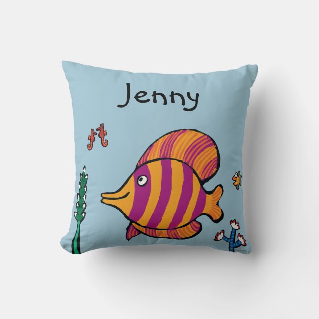 Orange and Purple Tropical Fish with Seahorses Throw Pillow (Front)