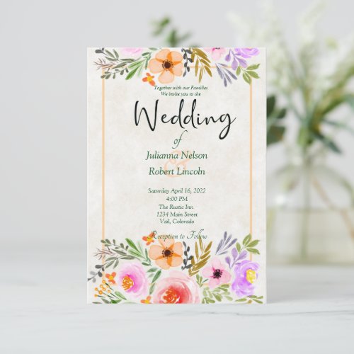 Orange and purple watercolor floral wedding invita invitation