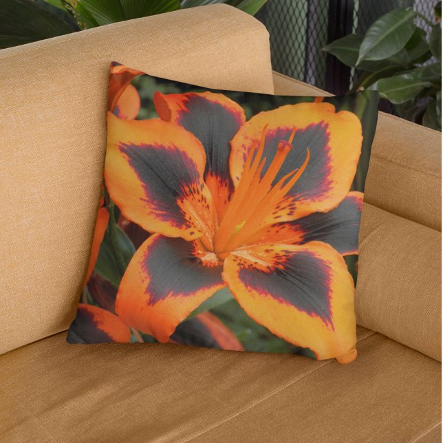 Orange and Red Asiatic Lily Floral Throw Pillow (In Situ Sofa)