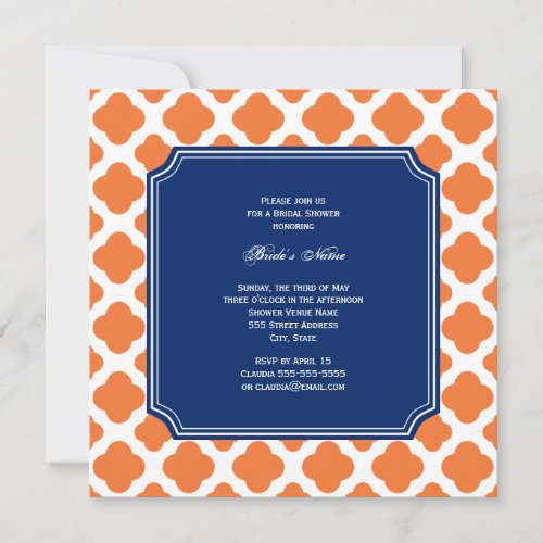 Orange and Royal Blue Quatrefoil Bridal Shower Custom Announcement