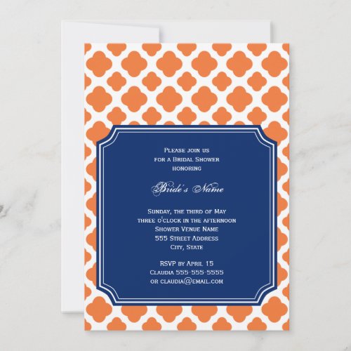 Orange and Royal Blue Quatrefoil Bridal Shower Custom Invite