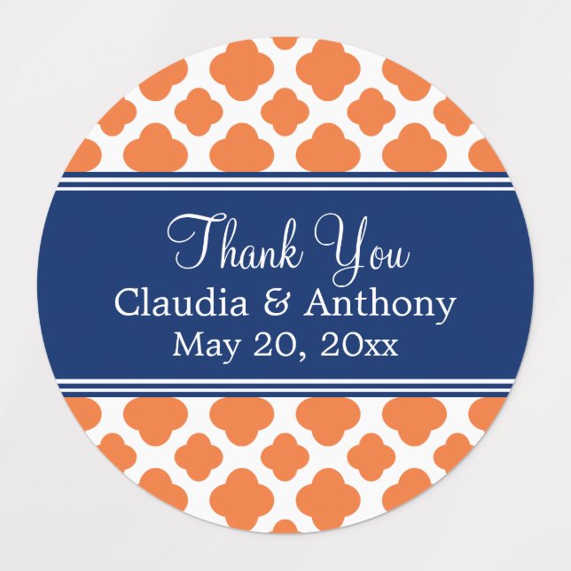 Orange and Royal Blue Quatrefoil Thank You Labels (Design 1)