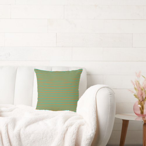 Orange and Sea Green Vintage Thin Stripes Throw Pillow