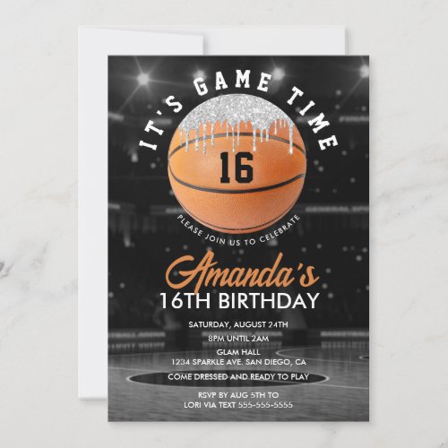 Orange and Silver Basketball Birthday Invitation