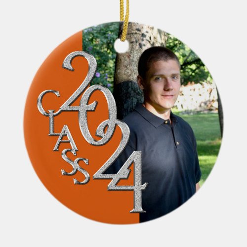 Orange and Silver Graduation Class of 2024 Photo Ceramic Ornament