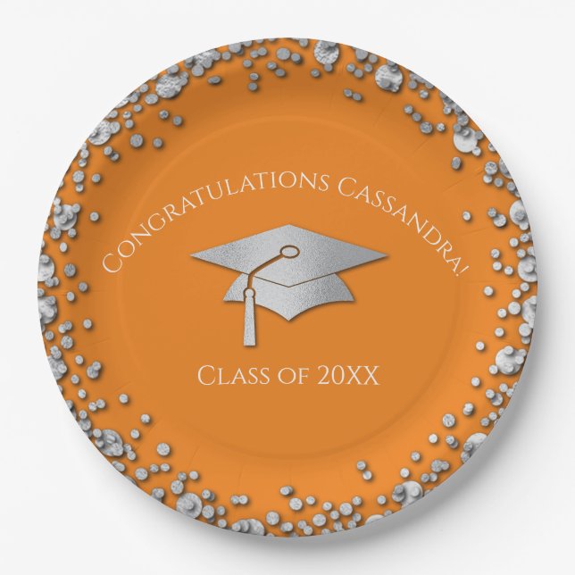 Orange and Silver Graduation Paper Plates (Front)