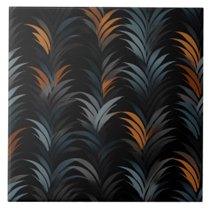 Orange and Slate Blue Art Deco Fronds Ceramic Tile