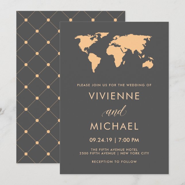 Orange and Smoky Gray World Map Wedding Invitation (Front/Back)