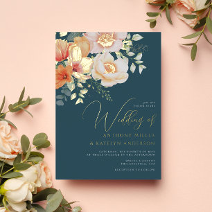 Orange and Teal Blue Spring Peach Floral Wedding Foil Invitation