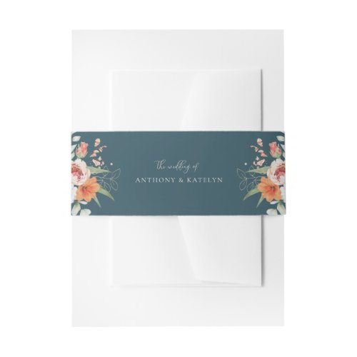 Orange and Teal Blue Spring Peach Floral Wedding  Invitation Belly Band