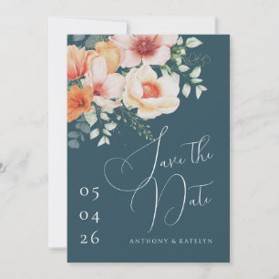 Orange and Teal Blue Spring Peach Floral Wedding Save The Date