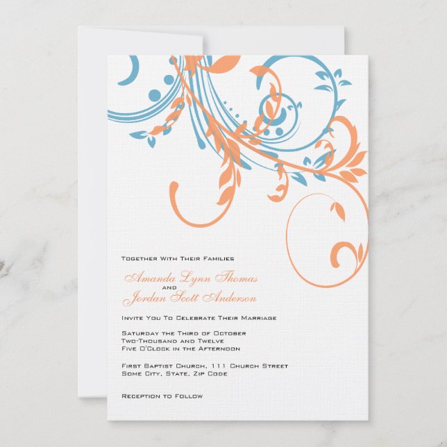 Orange and Teal Double Floral Wedding Invitation (Front)