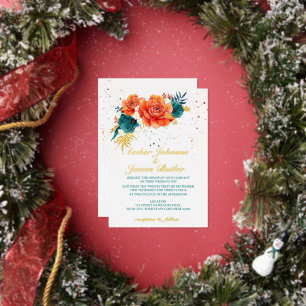 Orange and Teal Floral Wedding Foil Invitation