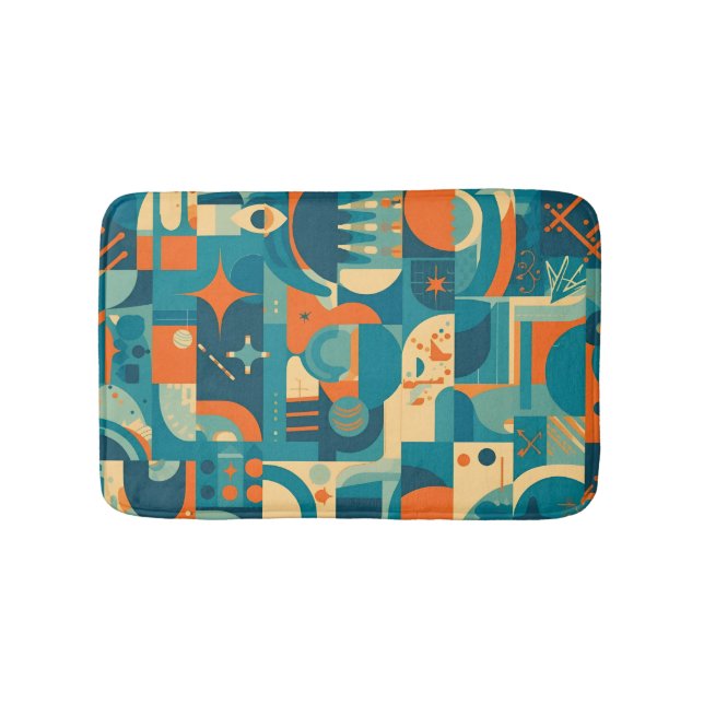 Orange and Teal Geometric Abstract Bath Mat (Front)