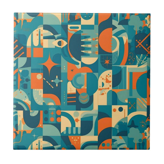 Orange and Teal Geometric Abstract Ceramic Tile (Front)