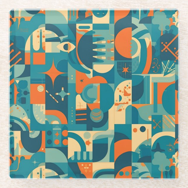 Orange and Teal Geometric Abstract Glass Coaster (Front)