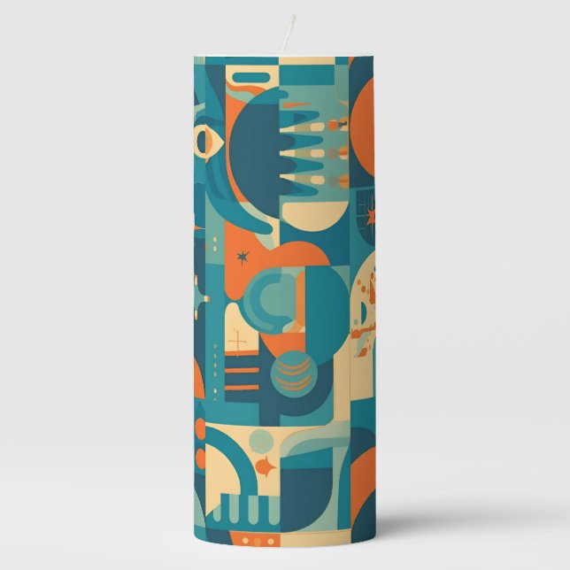Orange and Teal Geometric Abstract Pillar Candle (Front)