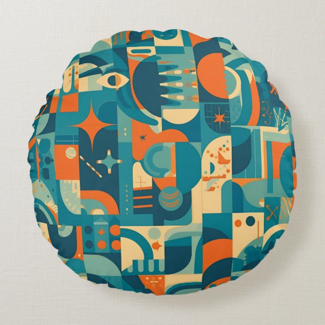 Orange and Teal Geometric Abstract Round Pillow (Front)